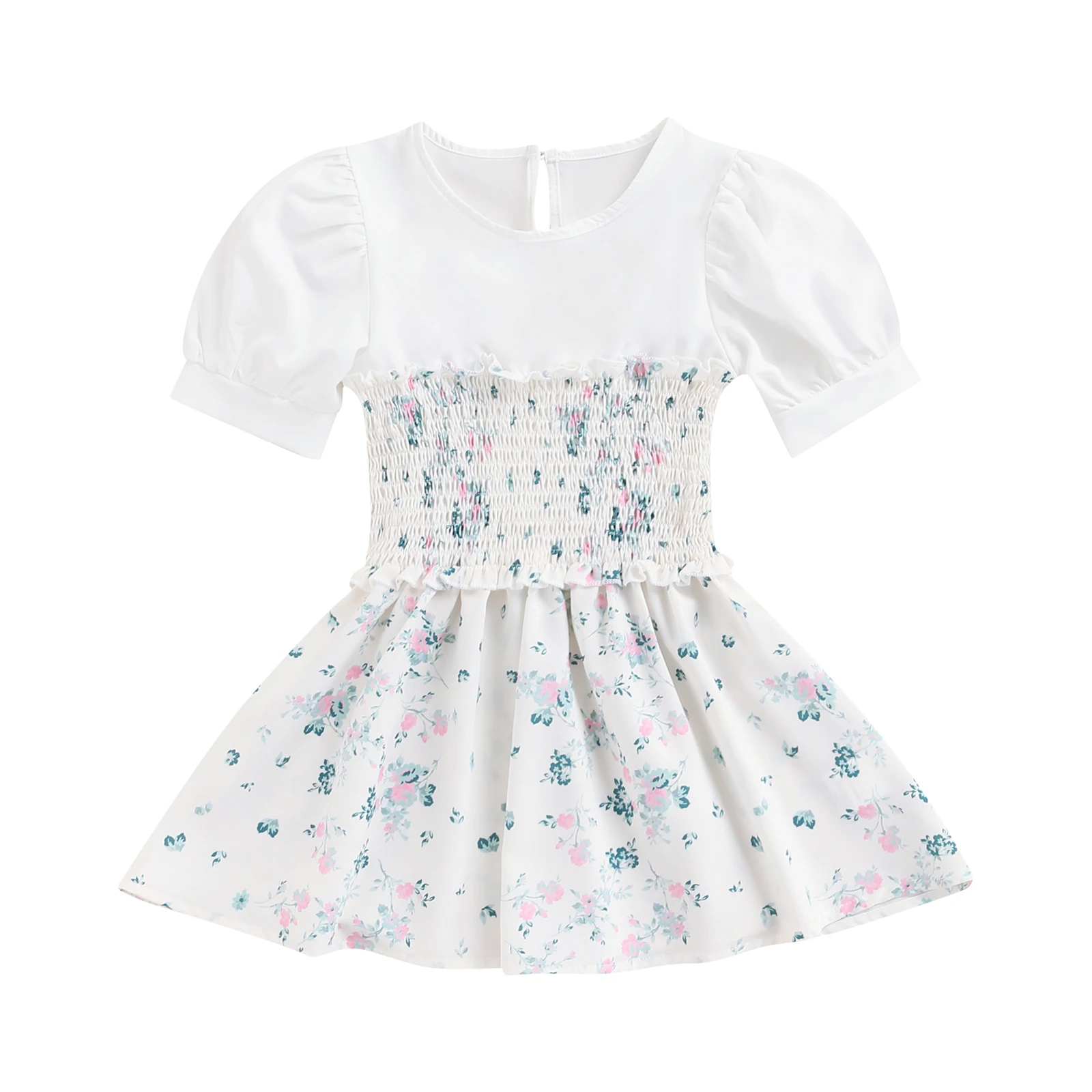

Summer Kids Baby Girls Clothing Sweet Dress Round Collar Short Sleeve Ruched Waist Patchwork Floral Print Flared Hem Dresses
