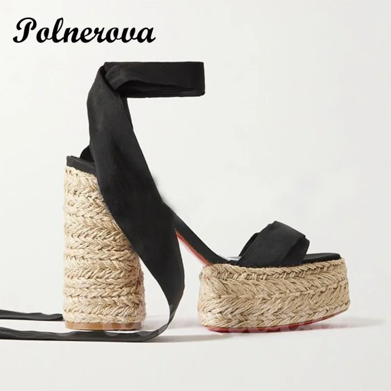 Blue Denim Platform Espadarille Ankle Straps Sandals Riband Slingback Orange Thick Heel Cloth Belt Open Hollow Strap Casual Shoe