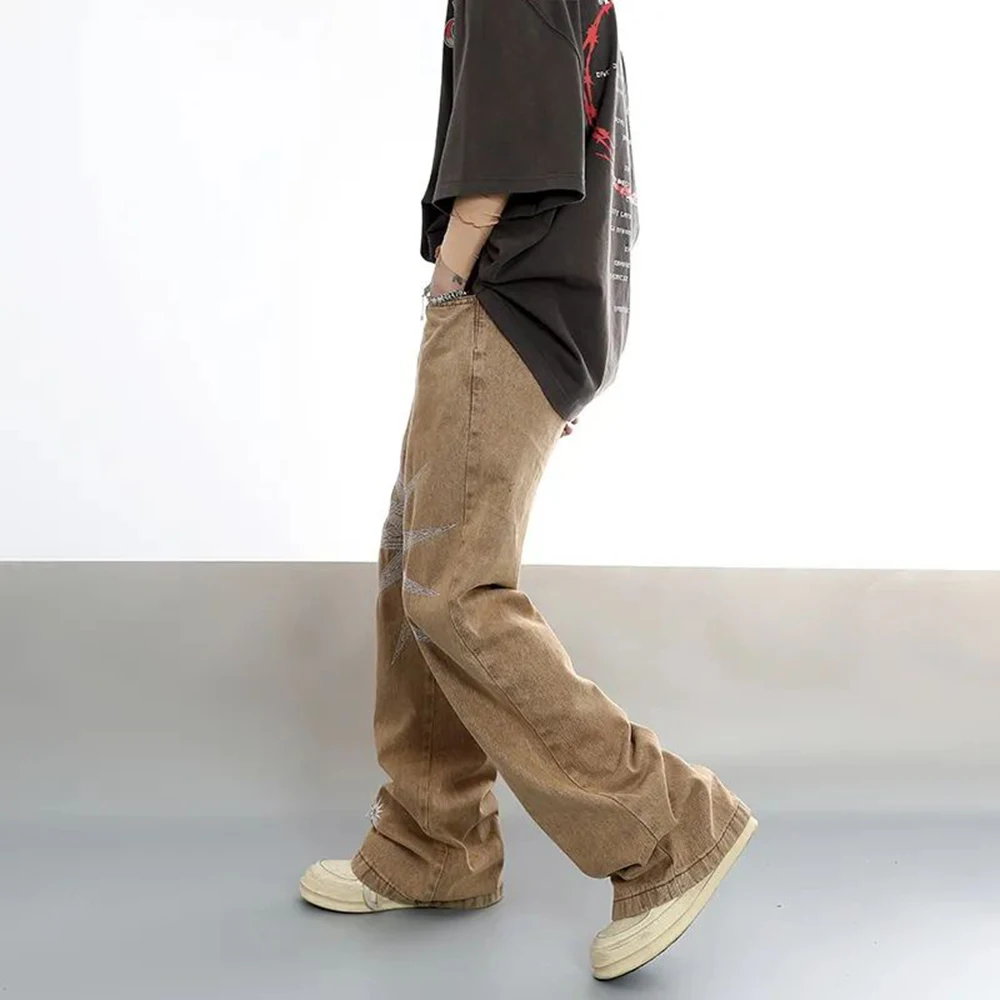 Men Street Hiphop Y2K Embroidery Stars Jeans Straight Loose Fit Pants Fashion Baggy Jeans Denim Oversize Trousers