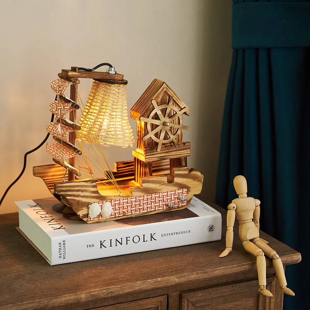 

Creative LED Sailboat with Lights Wooden Sailboat Ornament Living Room Decoration Table Decoration Accessories Home Decor Gift