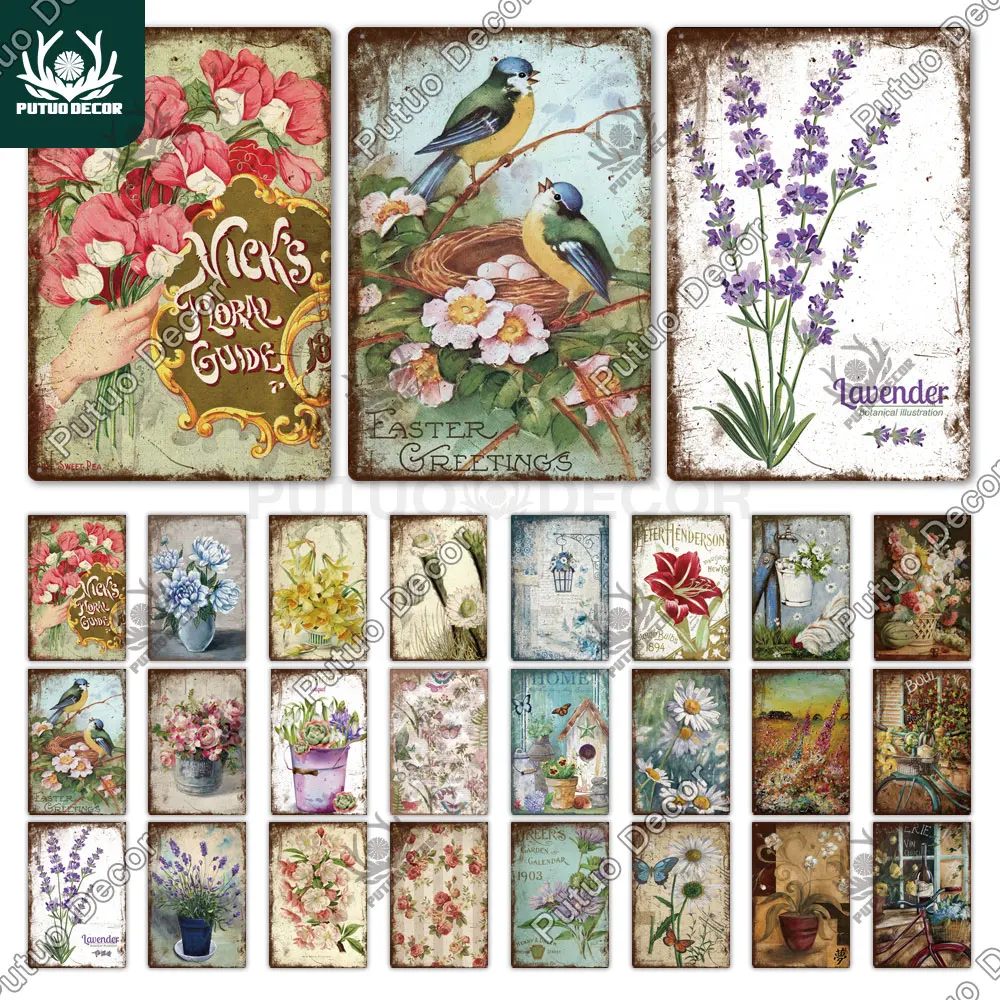 

Putuo Decor Flower Vintage Tin Sign Metal Sign Decorative Plaque Garden Living Room Kitchen Club Decor Wall Decoration