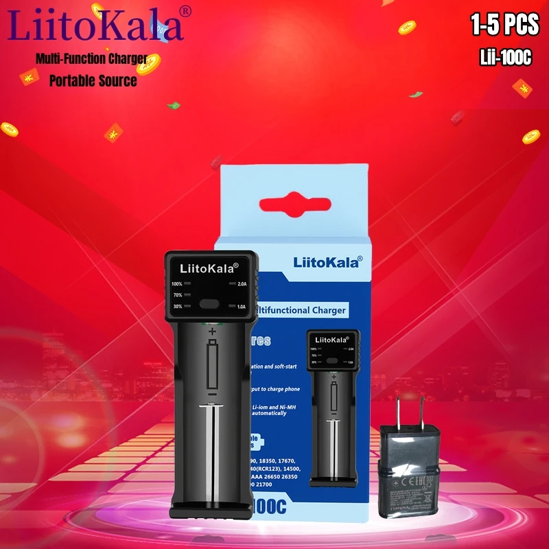 

LiitoKala Lii-100C Lii-100 Battery Charger For 18650 18350 26650 16340 RCR123 14500 3.7V 1.2V Ni-MH Ni-Cd 2A USB smart charger