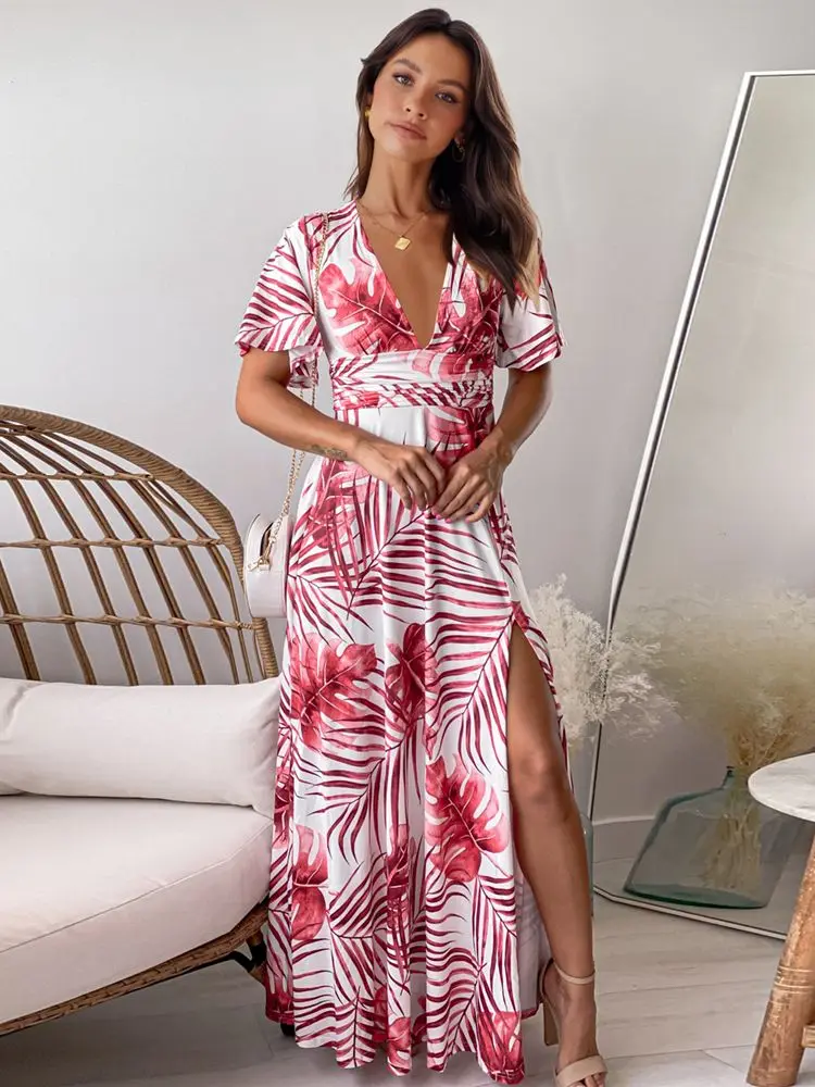 

Women's Dress Spring and Sunmer New V-Neck Slim Fit Printing Slit Long Skirt Pullover Traf Elegant Dresses for Women 2022
