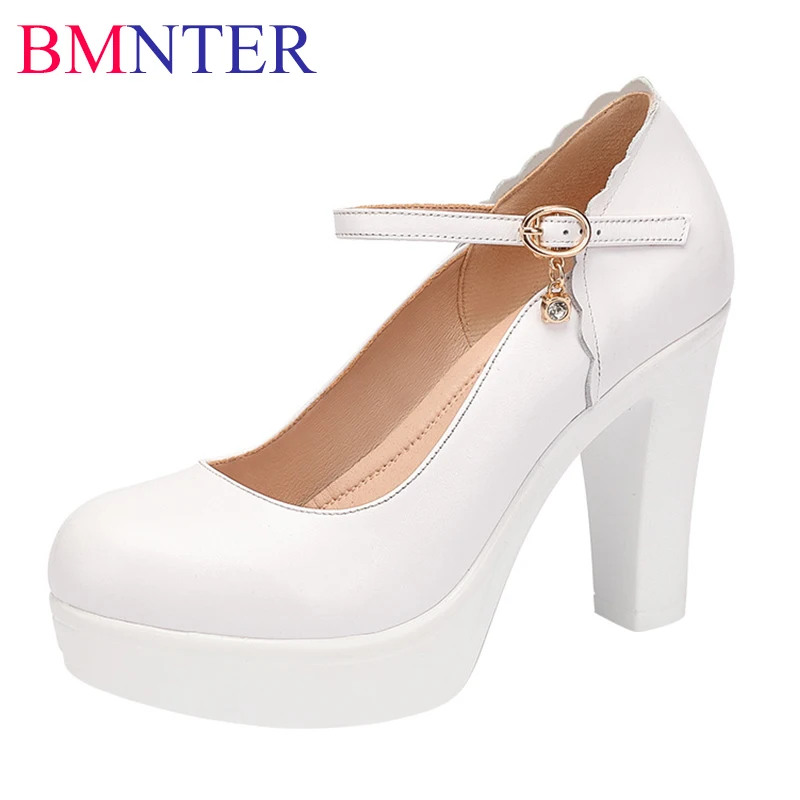 

High Heel Platform Pumps Mujer Spring/Autumn New Fashion Buckle Solid Black Lolita Shoes Woman Genuine Leather Waterproof