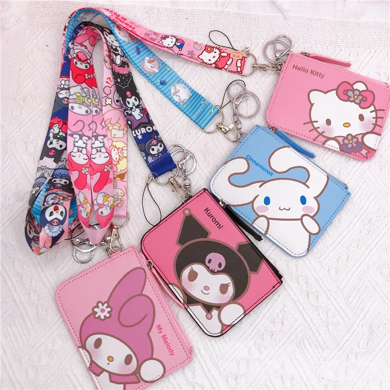 

Kawaii Sanrio Cartoon Bag Cinnamoroll Melody Pachacco Pom Pom Purin Kuromi Leather Card Holder Cute Coin Purse Keychain Pendant