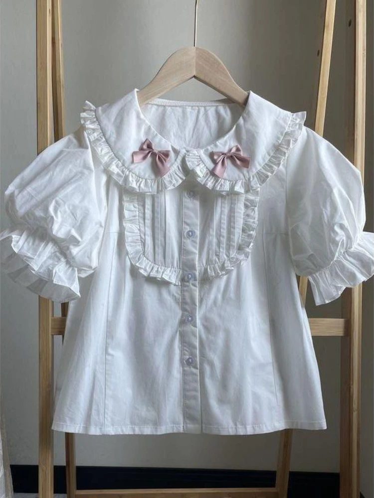 Лолита Kawaii блузки с оборками бантом пэчворк пышными рукавами Питер Пэн воротник