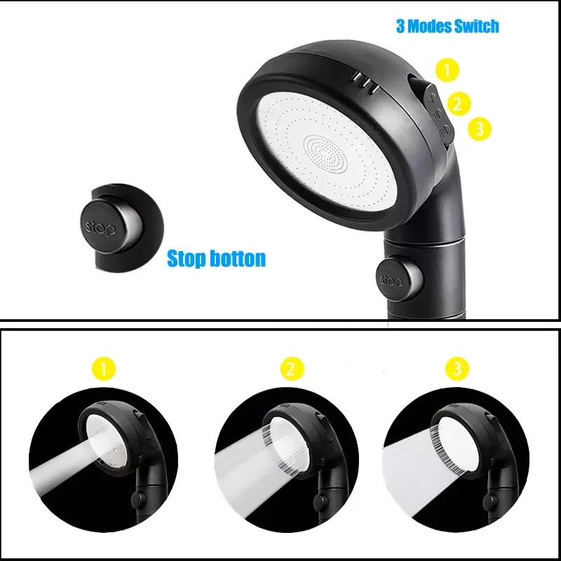 

3 Modes Adjustable SPA Massage Stop Button Shower Head High Pressure Anion Filter Rainfal Shower Nozzle Black Bathroom