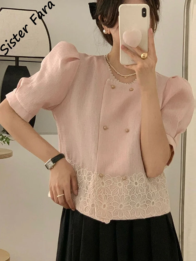 

Sister Fara Lace Hook Flower Blouses for Women Summer O-Neck Double Breasted Casual Blouses Ladies Splice All-match Shirts Tops