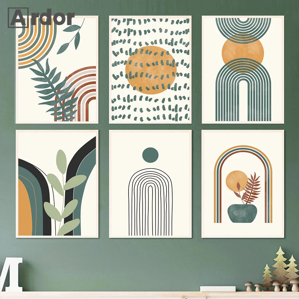 

Настенная картина в стиле бохо, абстрактный постер на холсте с изображением листьев и солнца, радуги, настенные картины для гостиной, домашний декор