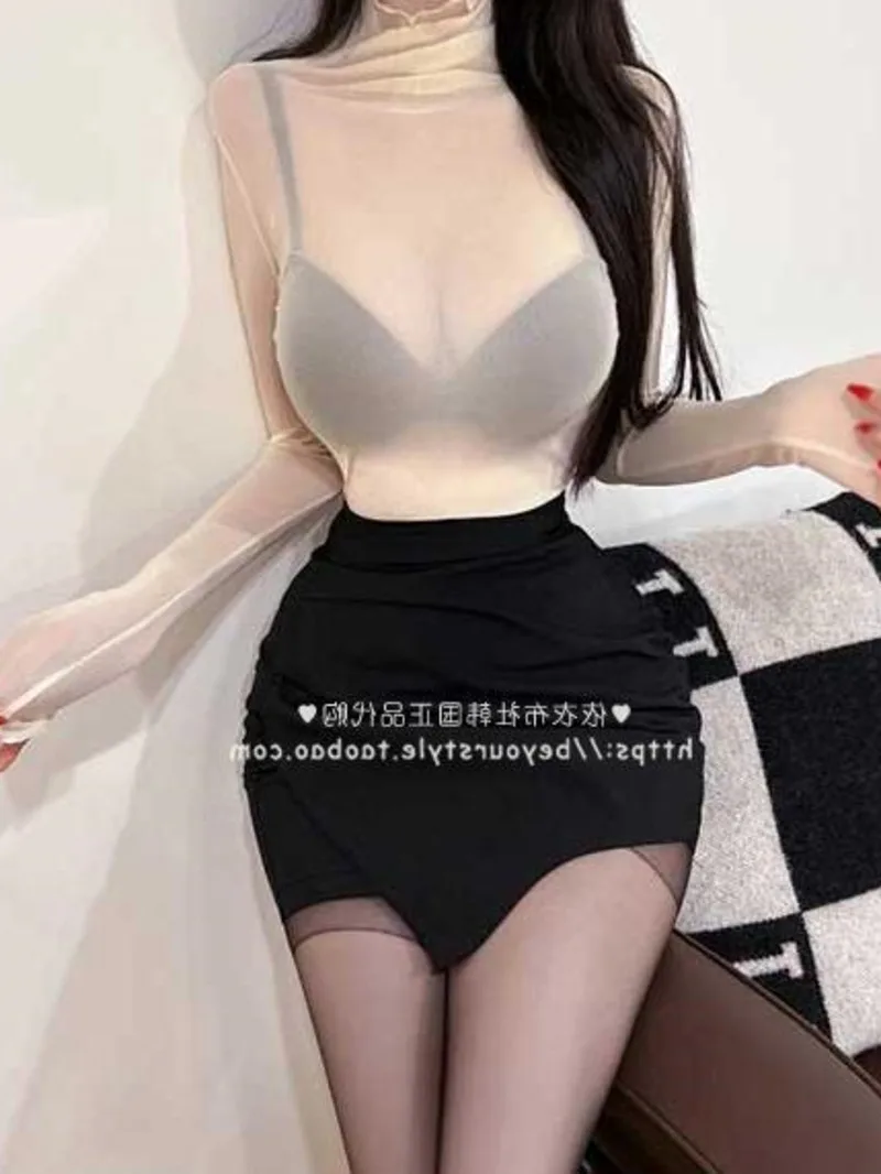 Летняя корейская версия 2024 новая сетчатая прозрачная футболка с высоким воротом