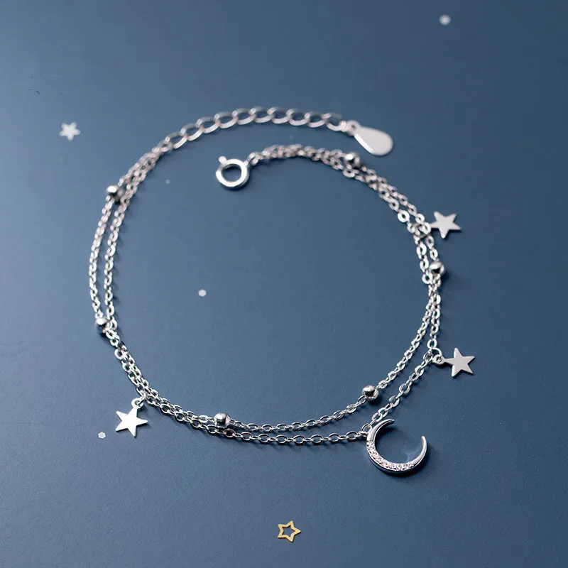 

Женский двухслойный браслет-цепочка из серебра 100% пробы с подвеской в виде звезды и Луны, ювелирные украшения, аксессуары D002