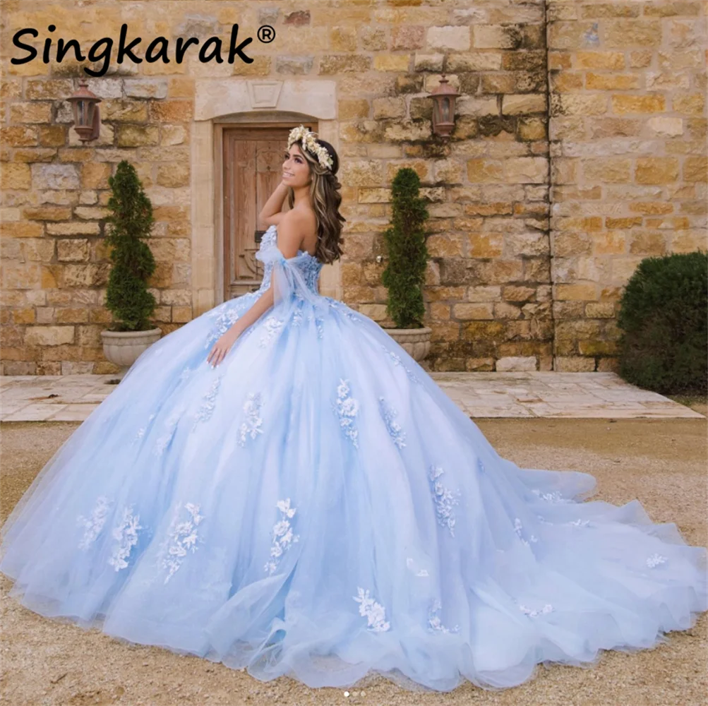 Светильник-голубое платье принцессы Quinceanera с открытыми плечами Кружевная