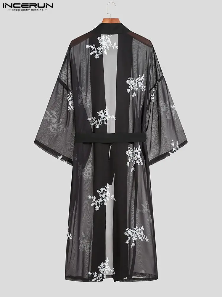 INCERUN American Style Men Chiffon Floral Printing Long Banding Blouse Fashion Male Thin Loose Long Sleeve Cardigan Shirts S-5XL