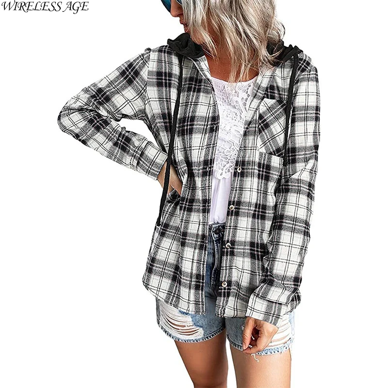 

Новинка 2022, Повседневная рубашка, толстовка с длинным рукавом, Женский клетчатый Однорядный Свободный Топ контрастных цветов на пуговицах, модные рубашки на весну и осень