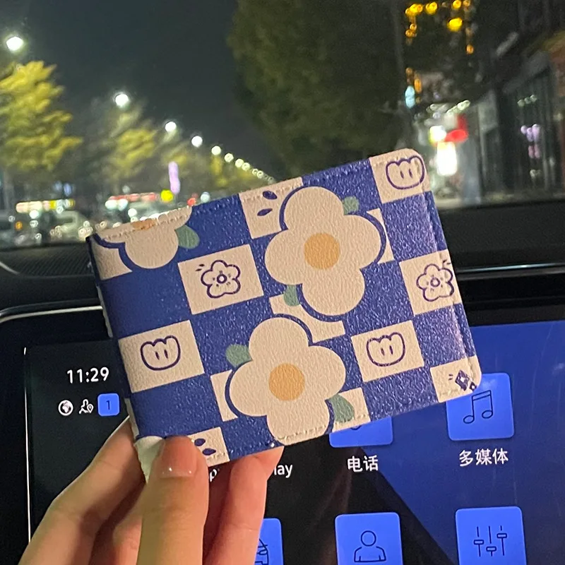 Blue Flower Auto Driver License Bag Artificial PU On Cover For Car Driving Documents ID Card Holder Purse Wallet Purse Cute