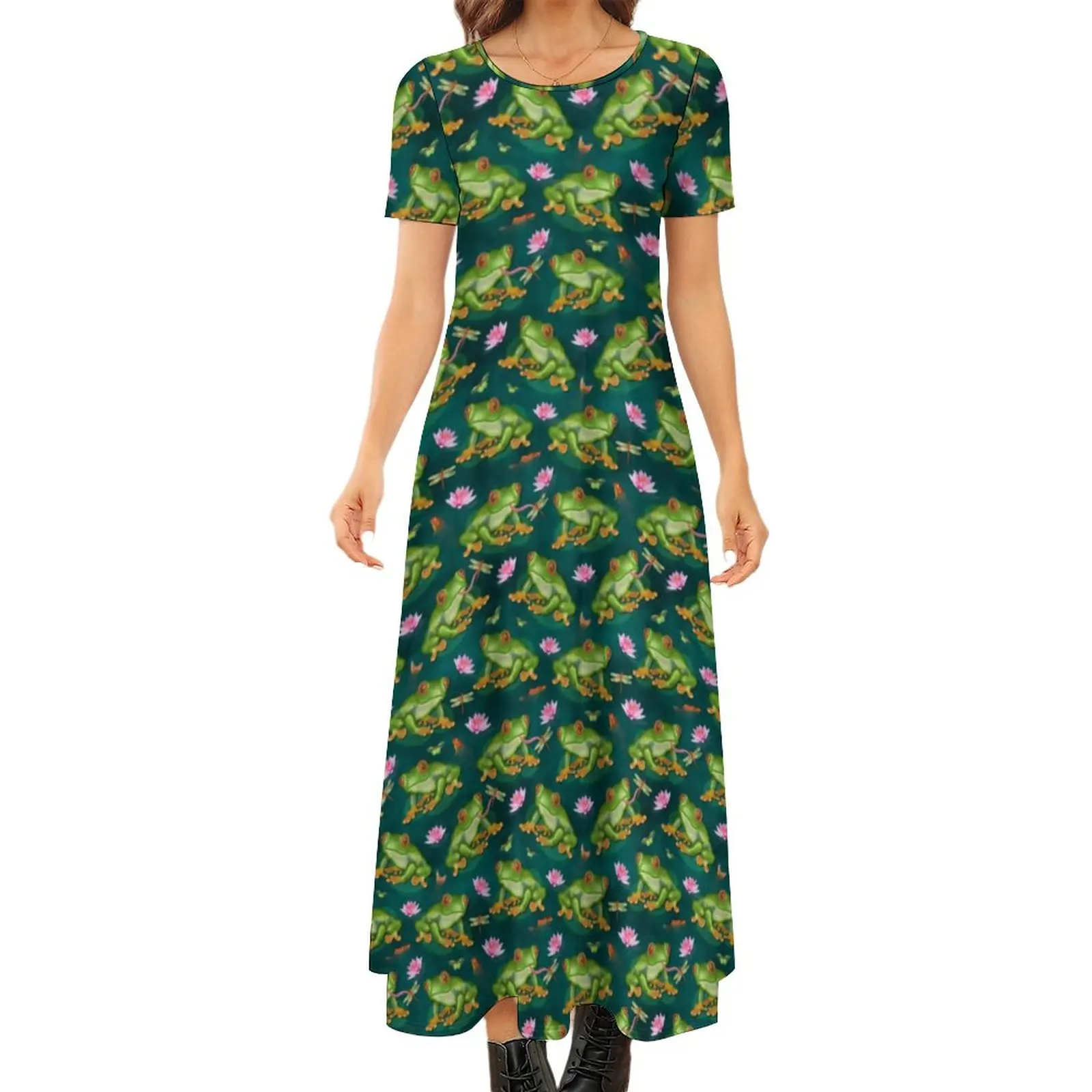 

Tropical Frog Print Dress Lily And Fish Pond Cute Maxi Dress Short Sleeve Street Fashion Bohemia Long Dresses Oversized Clothes
