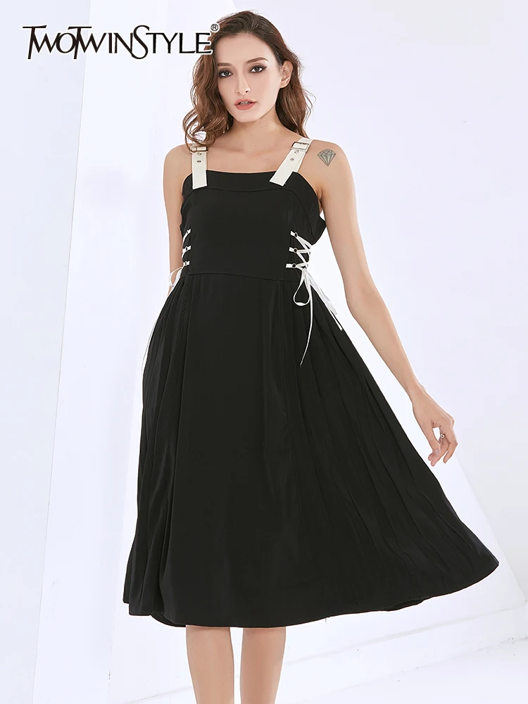 

TWOTWINSTYLE Bandage Black Sling 2022 Dress For Women Square Collar Sleeveless High Waist Long Dresses Female Fashion New Style