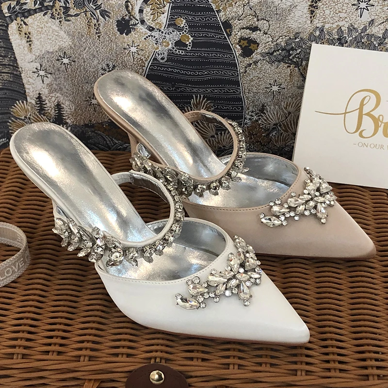 Satin Rhinestones Wedding Bridal Shoes Pointed Toe Evening Patry Pumps Casual Working Slingbacks Hight Heels for/Cocktail/Prom