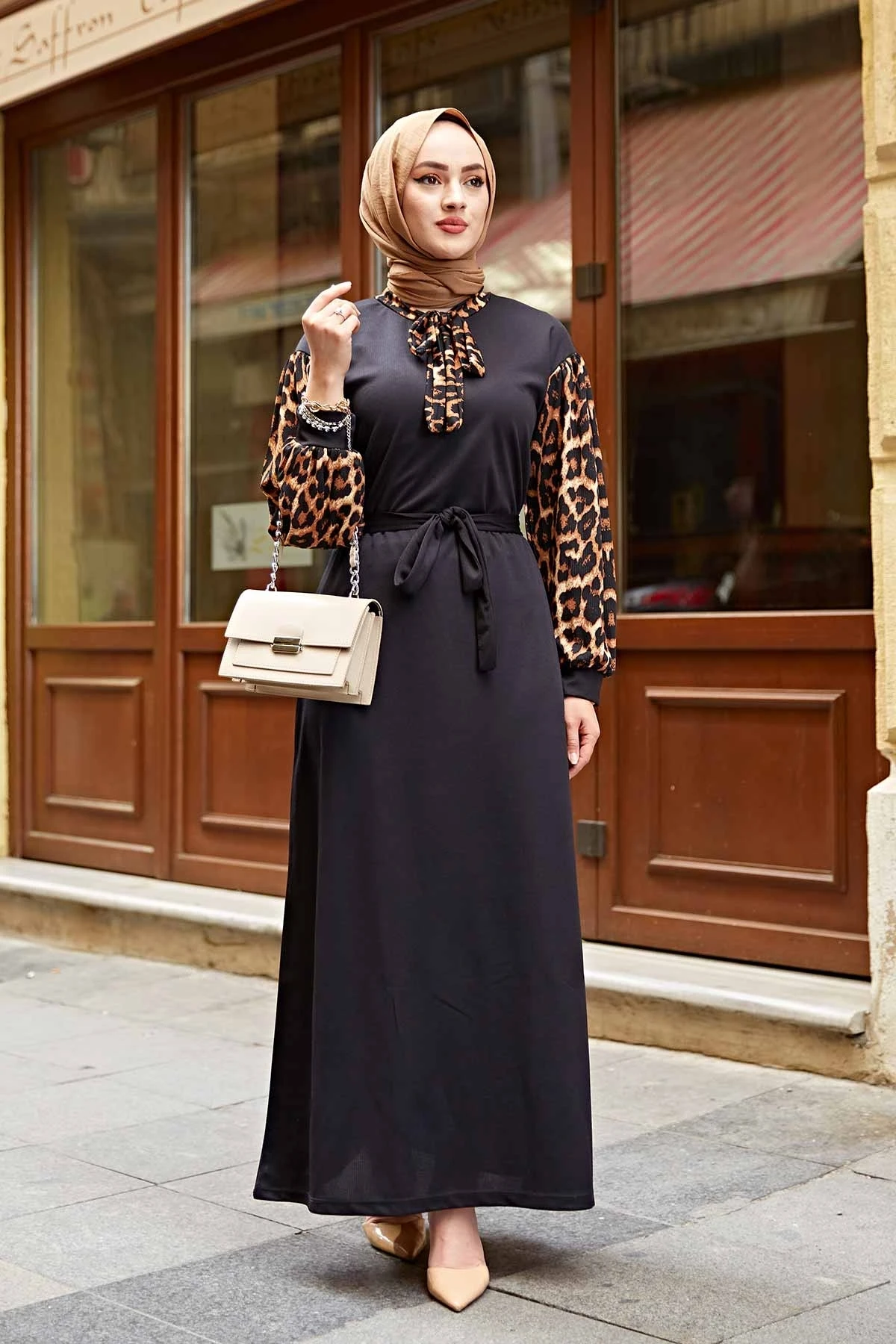 With tie Leopard Desenlli Dress TH Black Winter Autumn 2021 Muslim Women Hijab headscarf islamic Turkey