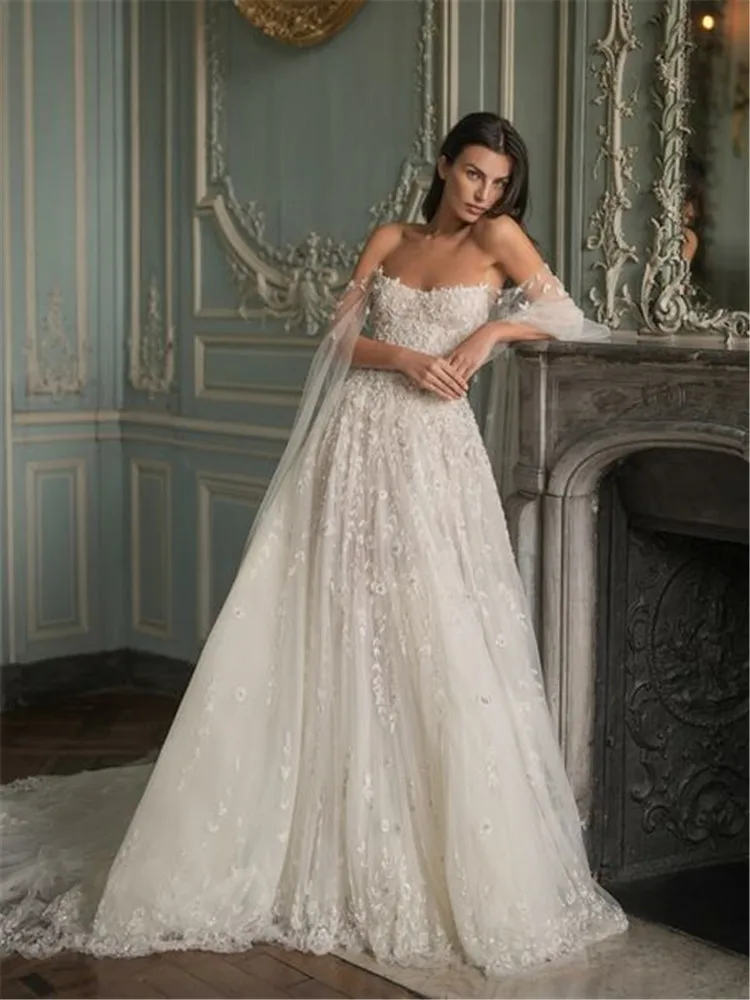 Свадебное платье женское элегантное роскошное кружевное с длинным рукавом