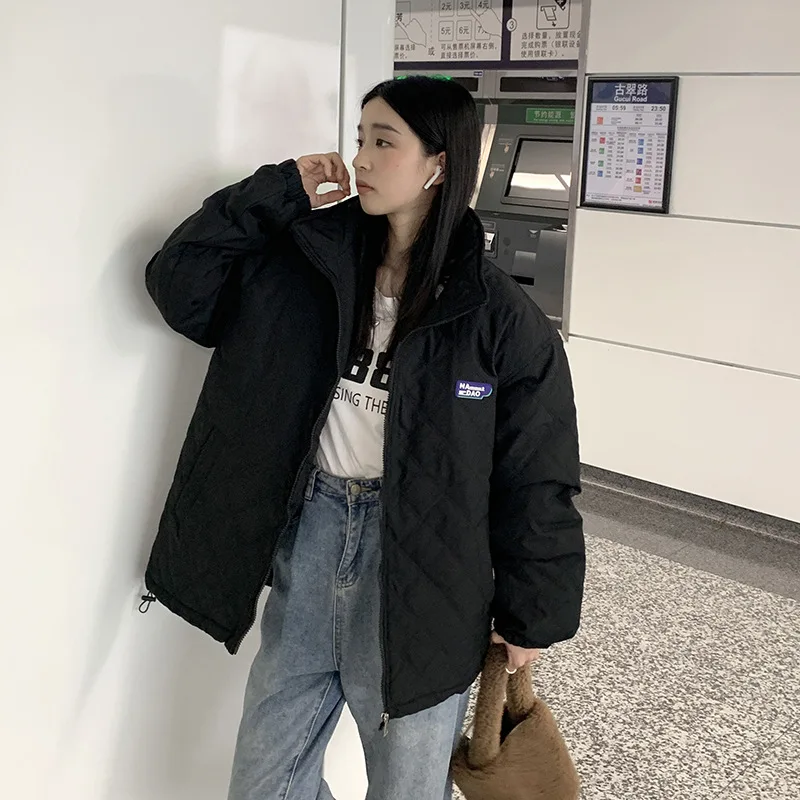 GRELLER Fashion Women Winter Jacket Stand Collar Oversized Female Cotton Padded Coat Solid Black Khaki Female Parkas Clothes