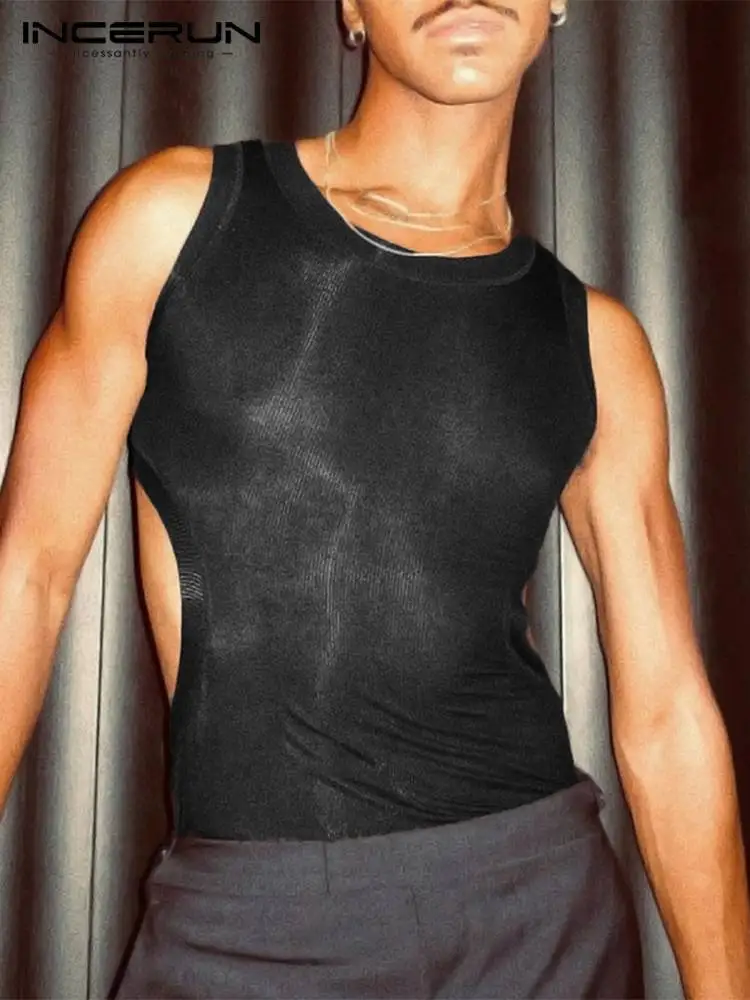 

INCERUN Men Tank Tops Hollow Out O-neck Sleeveless Streetwear Fashion Sexy Vests Solid Color Skinny 2022 Casual Men Clothing 5XL