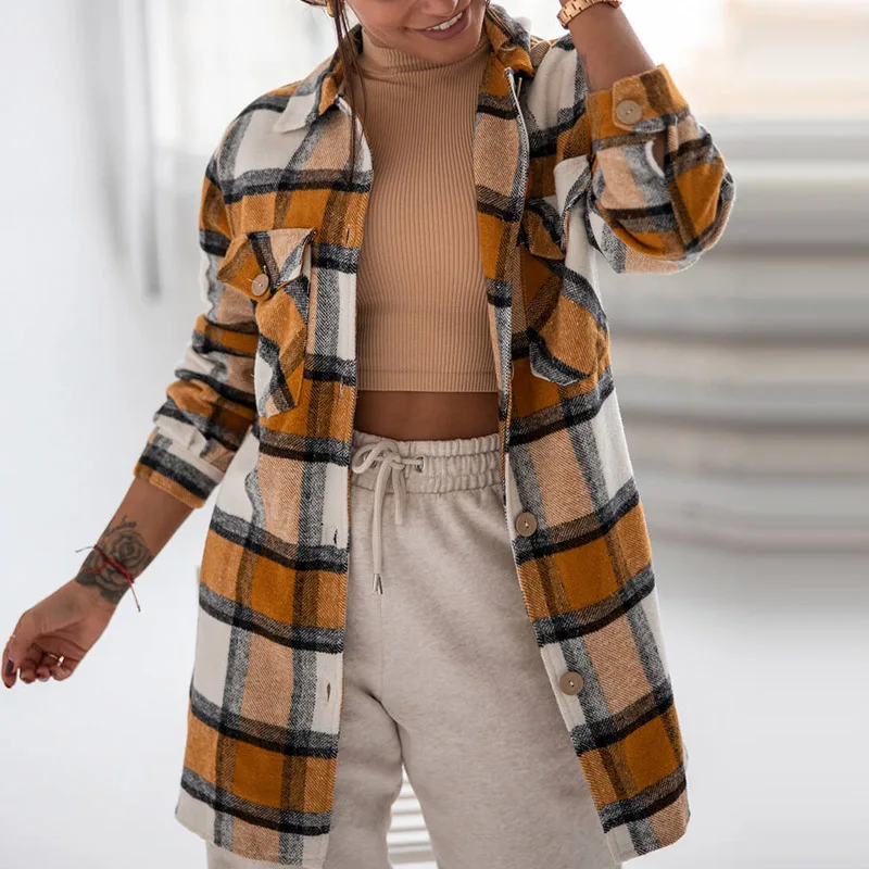 

Autumn Retro Plaid Print Ladies Tops Outerwear Women Casual Turn-down Collar Single Breasted Coats Streetwear Pocket Long Jacket