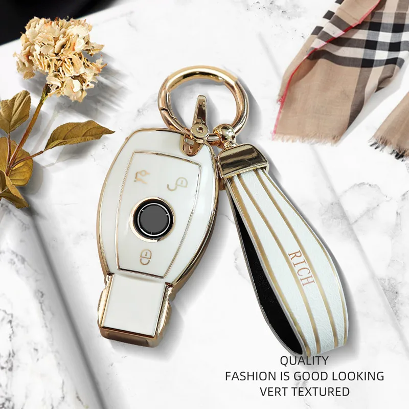 

Luxurious Golden Edge Remote Key Case Cover For Mercedes Benz CLS GLA GL R SLK GLK AMG A B C E S Class Keychain Car Accessories