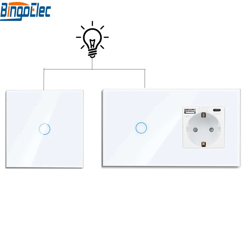 Bingoelec, двухсторонняя лестница с USB-разъемом, 1/2/3 клавиши, сенсорные переключатели, настенные розетки стандарта ЕС, стеклянная панель