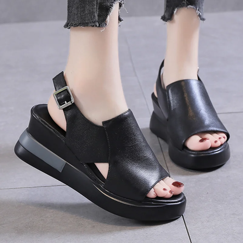 

2022 Summer Casual Ladies Buckle Strap Wedge Shoes for Women Sandals Solid Color Open Toe High Heels Fashion Female Sandalias