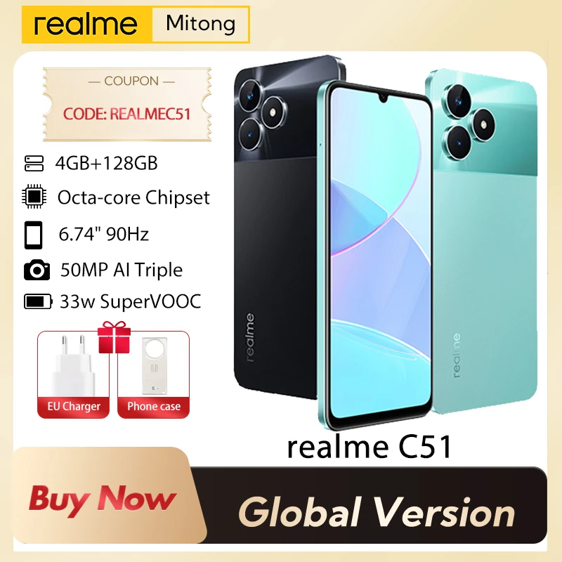 

Realme C51 4G 6.74" Large Display 50MP AI Camera 5000mAh Battery With Original 33W SUPERVOOC EU Charge 4GB 128GB Global Version