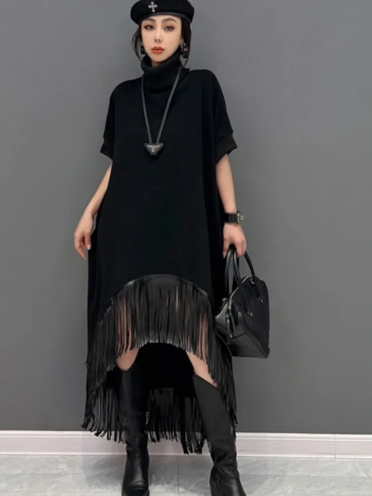 

Женское асимметричное платье URIOR, повседневное элегантное черное платье с высоким воротом и кисточками, лето 2023