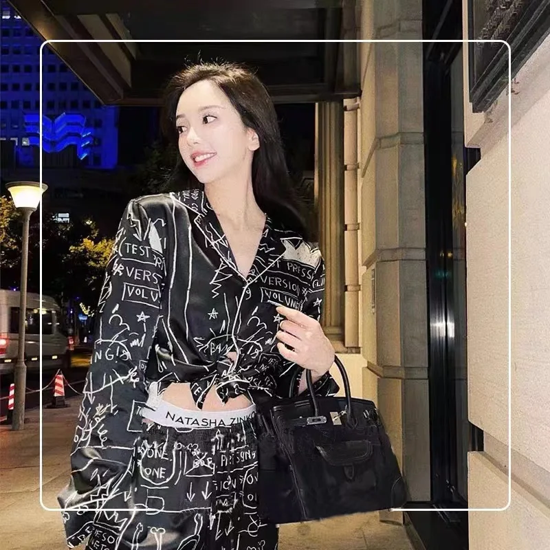 Couple pajamas Spring and Autumn Long sleeved Premium Ice Silk Pajamas 2023 New Women's and Men's Home Fur Set