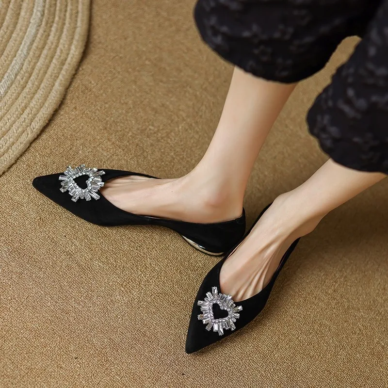 Spring Women's Pointed Toe Low Heels Dress Shoes Flats Slip on Heart Crystal Boat Shoes