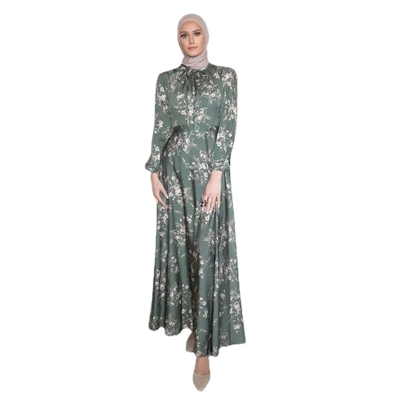 

Floral Muslim Long Dress Kaftan 2022 Women Satin Printed Elegant Belted Hijab Dresses Islam Dubai Turkey Modest Abaya Ramadan