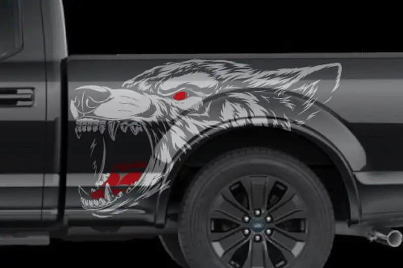 

Fits Mustang F-150 Ranger Wolf Coyote Grunge Tattoo Design Tribal Door Side Bed Pickup Vehicle Sticker Truck Car Vinyl Graphic D
