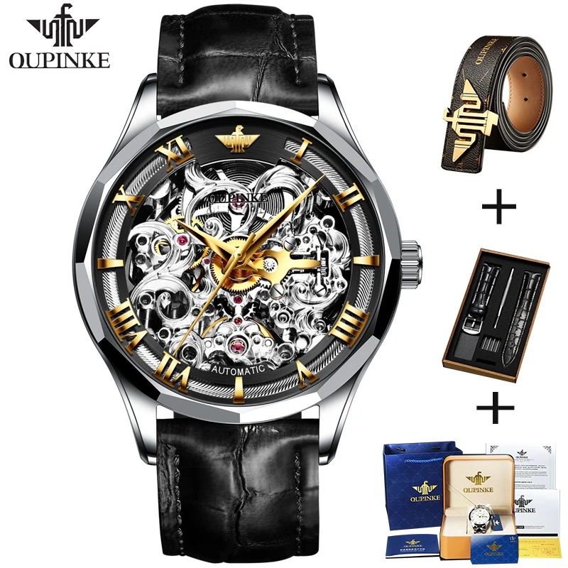 

Часы OUPINKE Мужские механические, брендовые Роскошные автоматические дизайнерские водонепроницаемые наручные с сапфировым циферблатом, со скелетом, 50 м