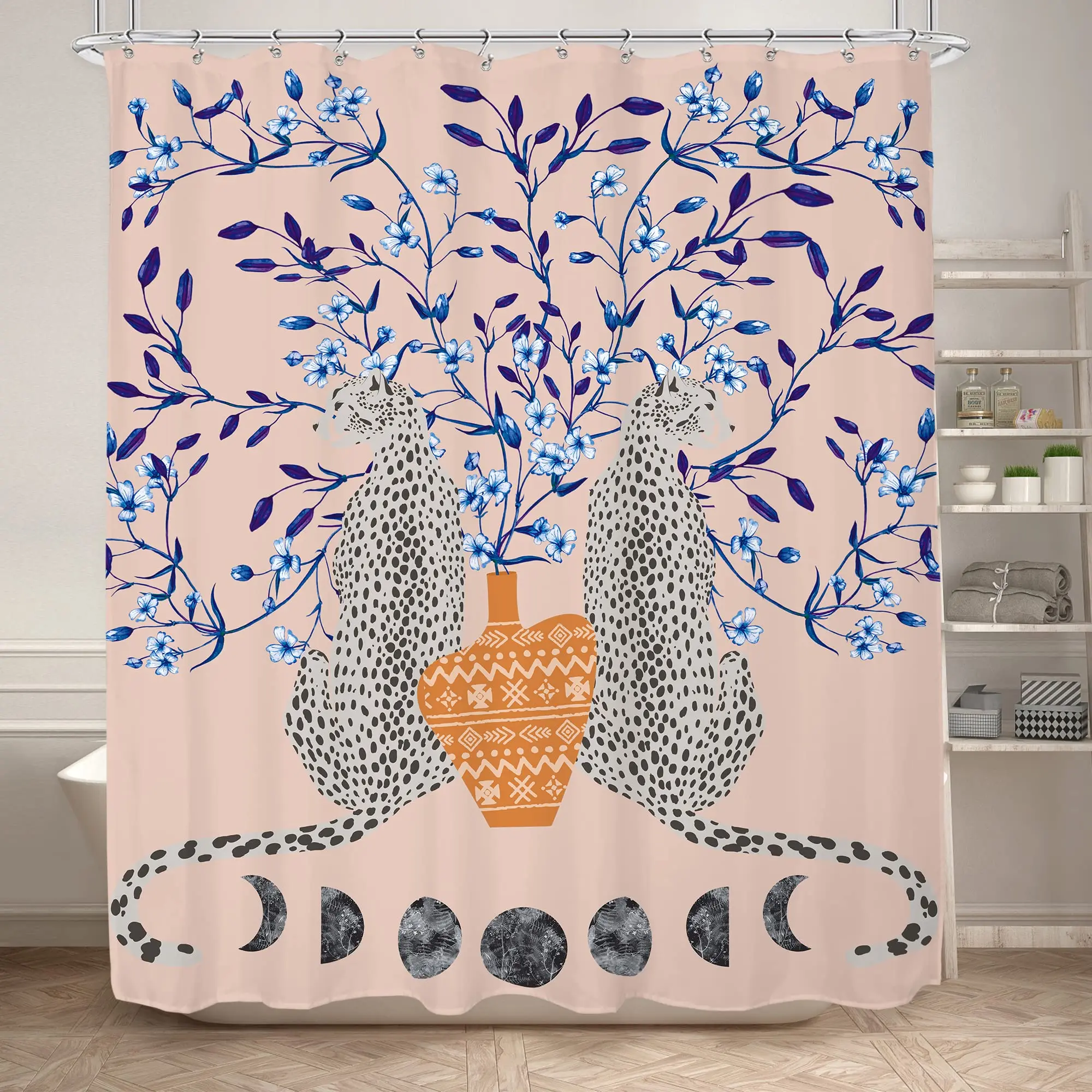 

Boho Cheetah Shower Curtain,Tropical Leopard Wildlife Bath Curtain,Modern Pink Aesthetic Moon Phase Blue Floral Bathroom Curtain