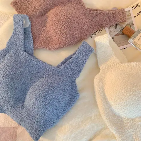 Solid Color Bras for Women Cashmere Warm Vest Autumn and Winter Women Wear Integrated Bra Plus Velvet and Thicken Underwear