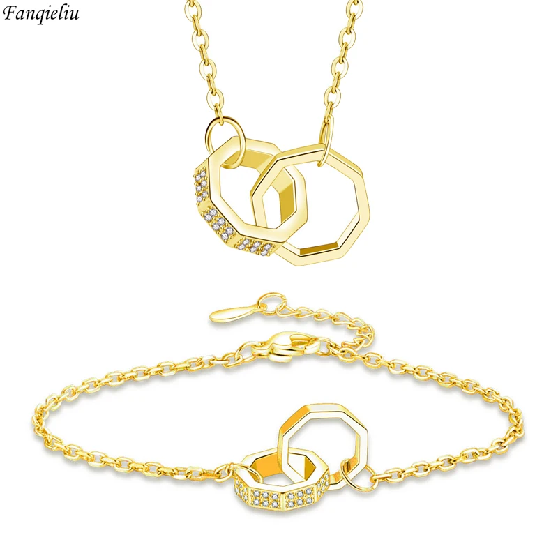 

Fanqieliu S925 Stamp Crystal Hexagon Link Bracelets Gold Color Pendant Necklace Jewelry Sets For Women Trendy New FQL22241