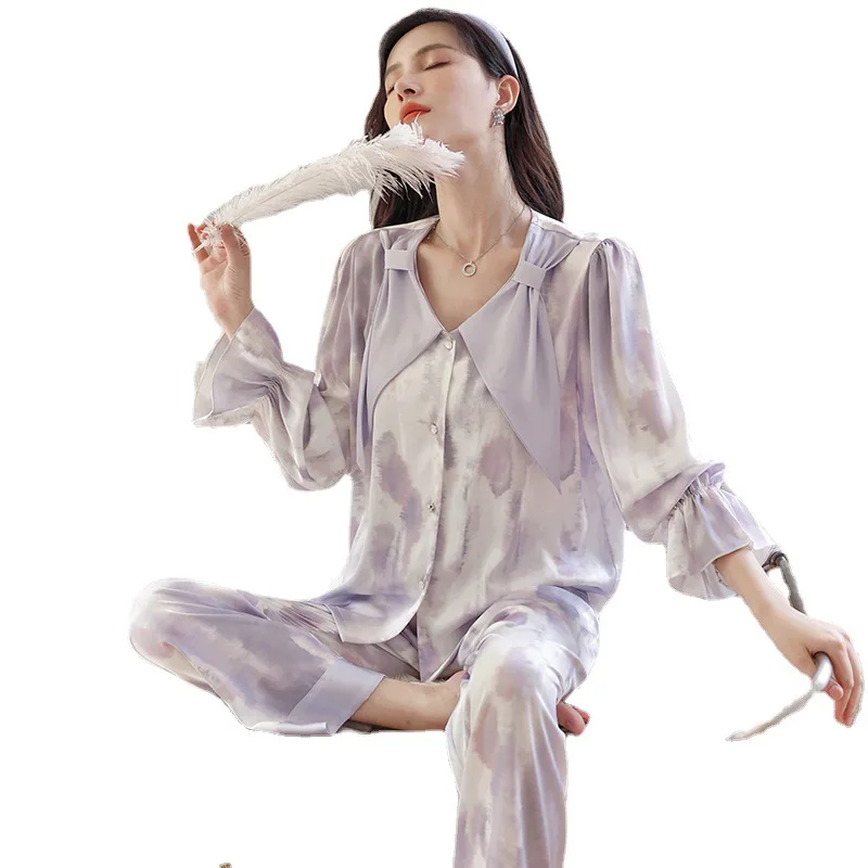 Spring and Autumn New Pajamas for Women's Long-sleeved Suit Cute Home Service Comfortable and Breathable Loungewear with V-neck