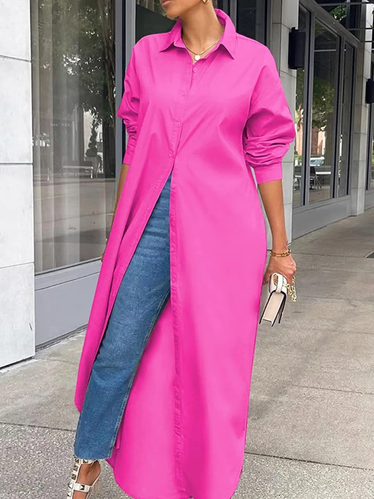 

Women Clothing 2023 New Korean Fashion Robe Elegant Versatile Simple Lapels Long Sleeves Loose Cardigan Shirt Dress Streetwear