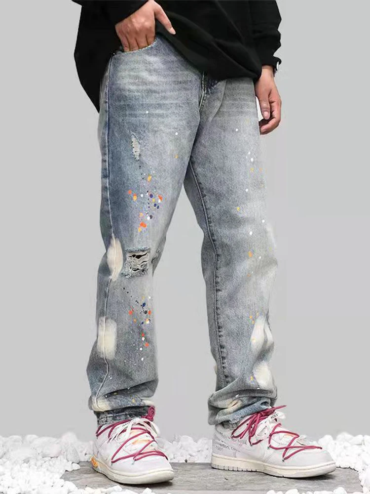 Four Seasons Men's Jeans Retro Street Ink Splattered Jeans Hole Knife Cut Straight Loose Pants Streetwear Men Ins Hot Sale JEANS