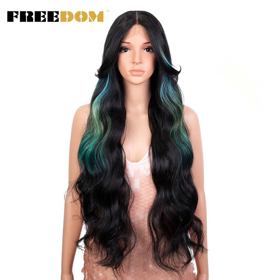 FREEDOM Synthetic Lace Front Wig Long Body Wavy Wig With Bangs Ombre Orange Blue Lace Wigs For Black Women Colorful Cosplay Wigs