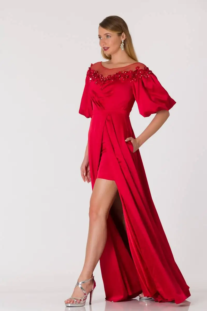 

Women's Collar Detailed Balloon Sleeve Satin Evening Dress Red