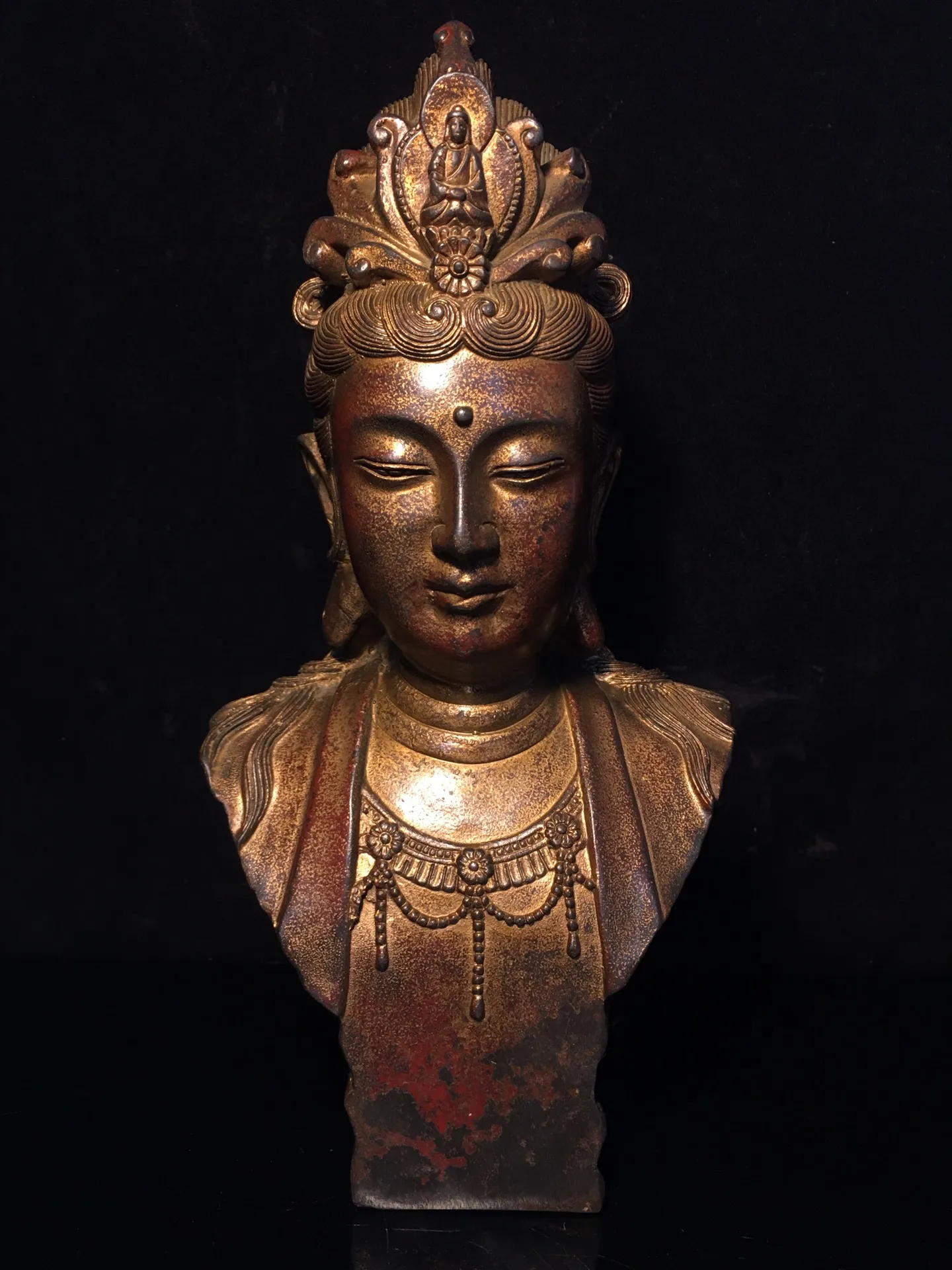 

12"Tibetan Temple Collection Old Bronze Cinnabar Mud gold Guanyin Bodhisattva Buddha Head Worship Hall Town House Exorcism