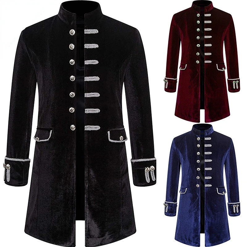 

Men's Overcoat Solid Color Fashion Steampunk Vintage Velvet Uniform Stand Collar Retro VIntage Medival Button