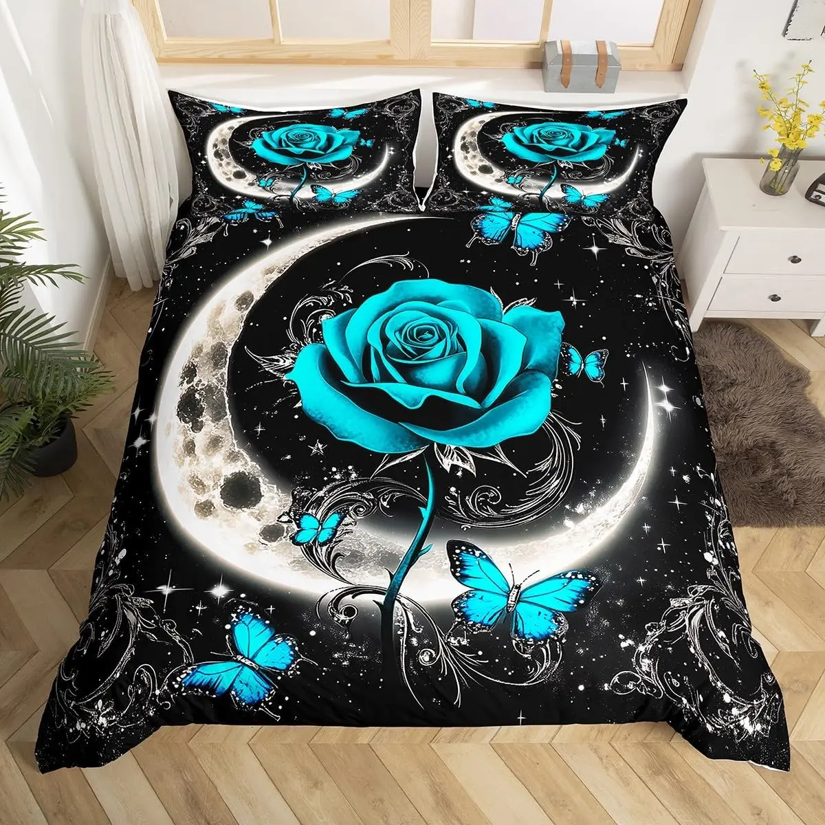 Фото Комплект постельного белья с цветком розы Twin King, Galaxy Moon Rose, пододеяльник для декора комнаты для мальчиков и девочек, пододеяльник с цветочным принтом на День святого Валентина №1