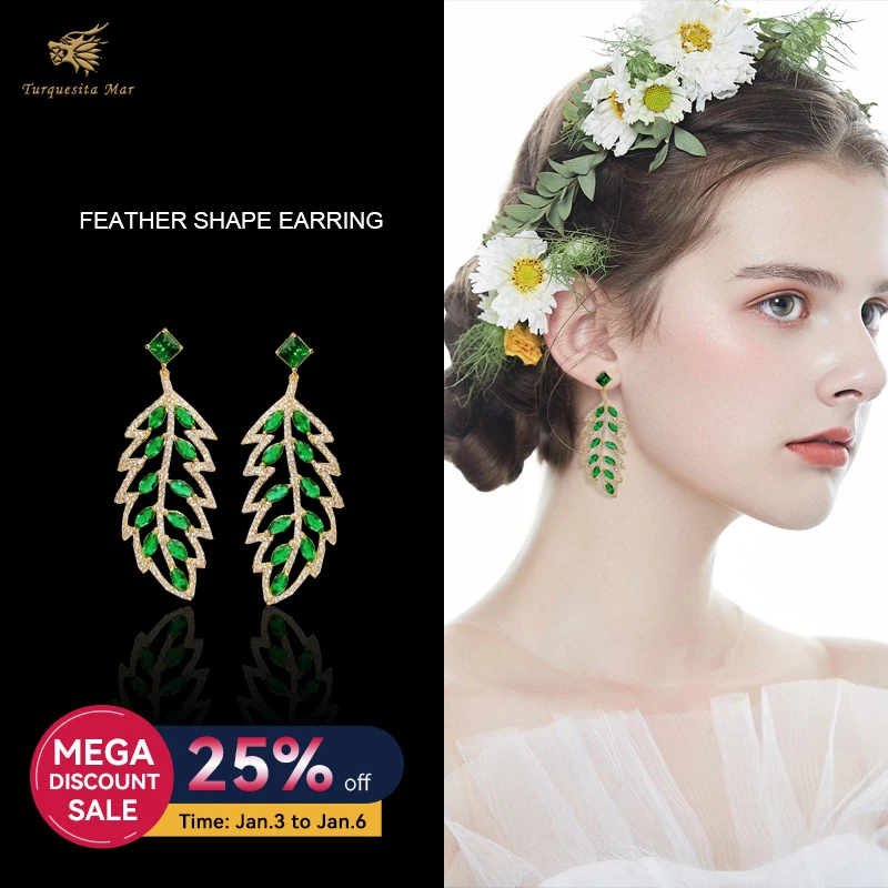 

Spanish high-end Jewelry Brand South African zircon 925 Silver Temperament Vintage Hollow out Green Gem Feather Leaf Earrings