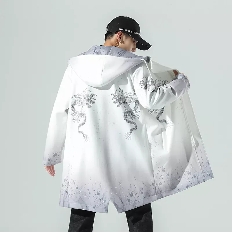 

NEW IN Mens Hooded Jacket Long Trench Men Harajuku Style Long Trench 2023 Male Spring Autumn Printed Coat Fashion Clothes